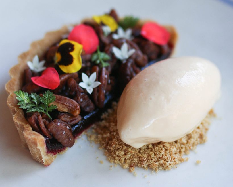 Maple pecan sonoran tart with beetroot and smoked juniper ice cream