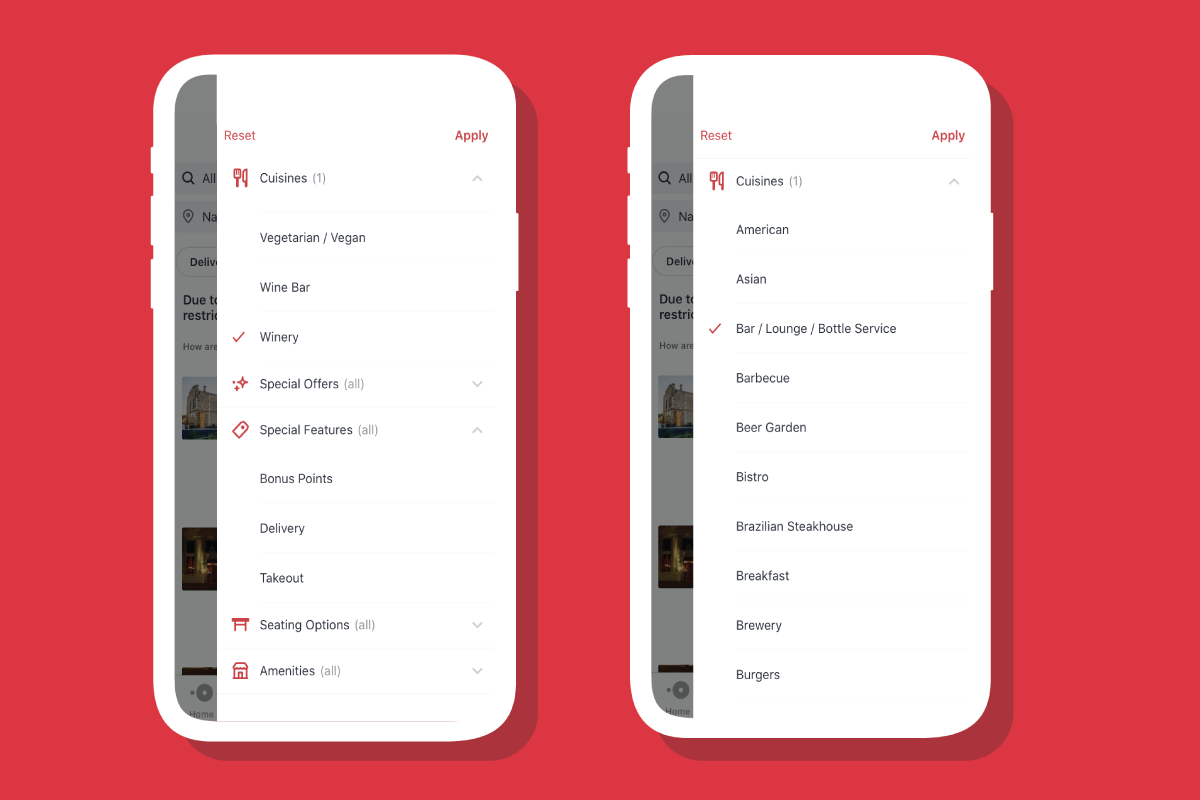 Screenshots of how to filter for bars and wineries on OpenTable