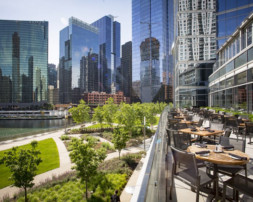 Outdoor seating overlooking the Chicago skyline
