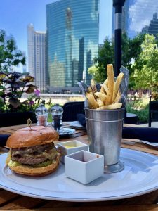 A burger and fries with the Chicago skyline in the background