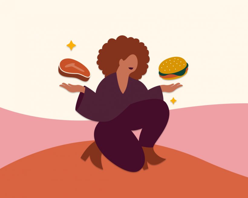 An illustration of a woman juggling a steak and a burger