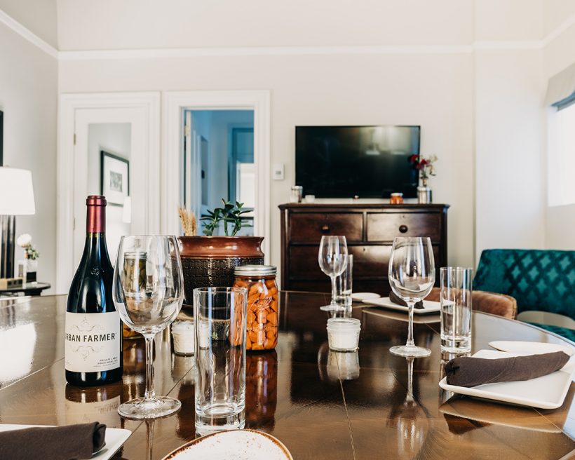 A table set in a hotel room