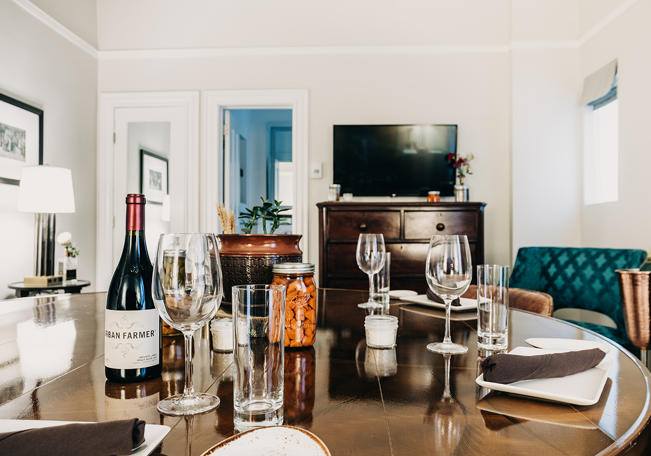 A table set in a hotel room