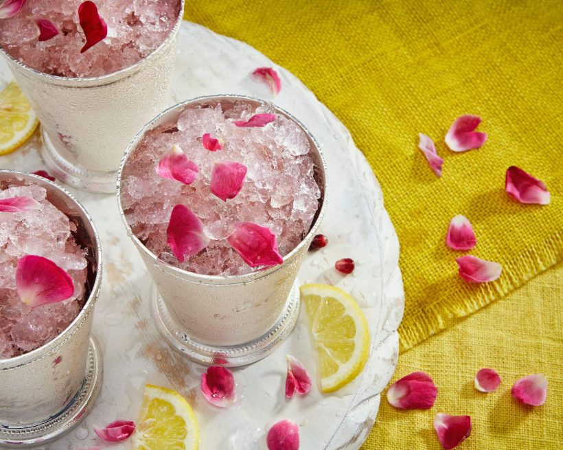 A cocktail made with lemonade, rosewater, vodka, and dried edible roses at Byblos in South Beach