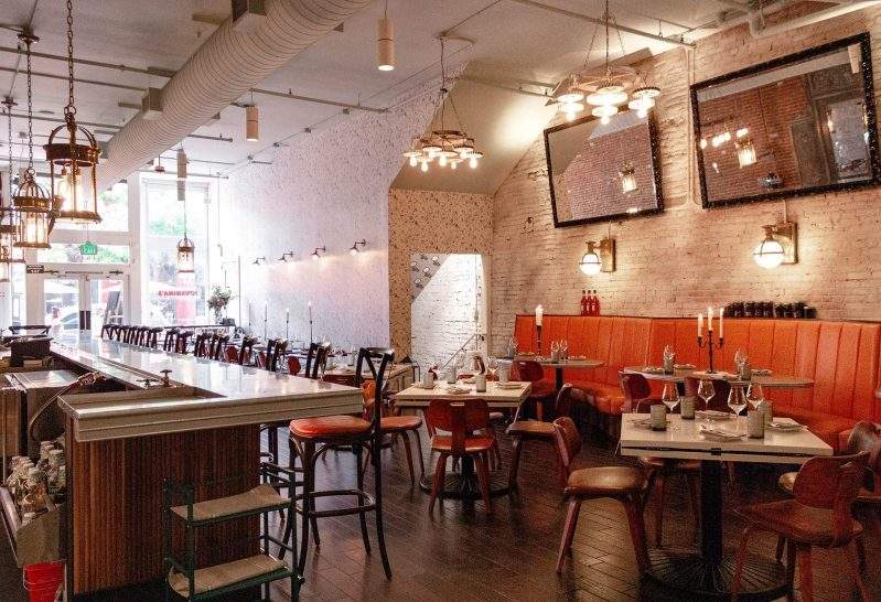 The interiors at Jovanina’s Broken Italian in LoDo feature exposed brick walls and flickering candles.