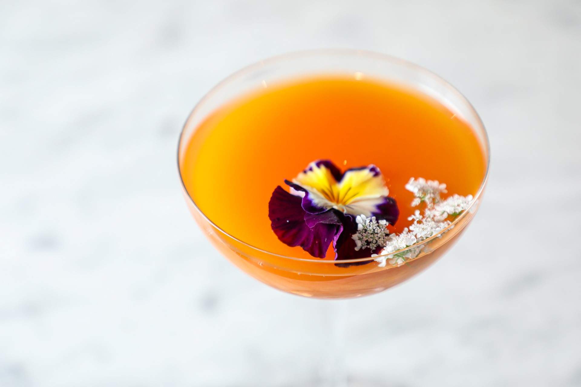 A peach, chamomile, lemon, celery, fennel, and non-alcoholic beer drink at the Peacock Room at the Hotel Fontenot