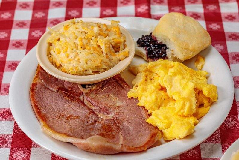 House-smoked country ham, hashbrown casserole, eggs, and a biscuit at Loveless Cafe in Nashville