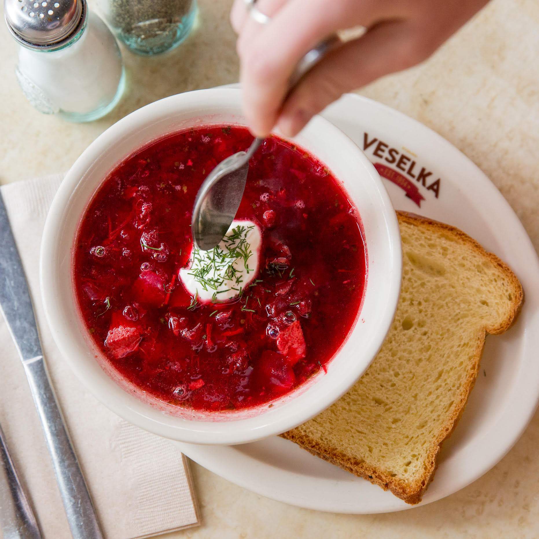 Borscht, a red beet-based soup with a dollop of sour cream at Veselka in New York City
