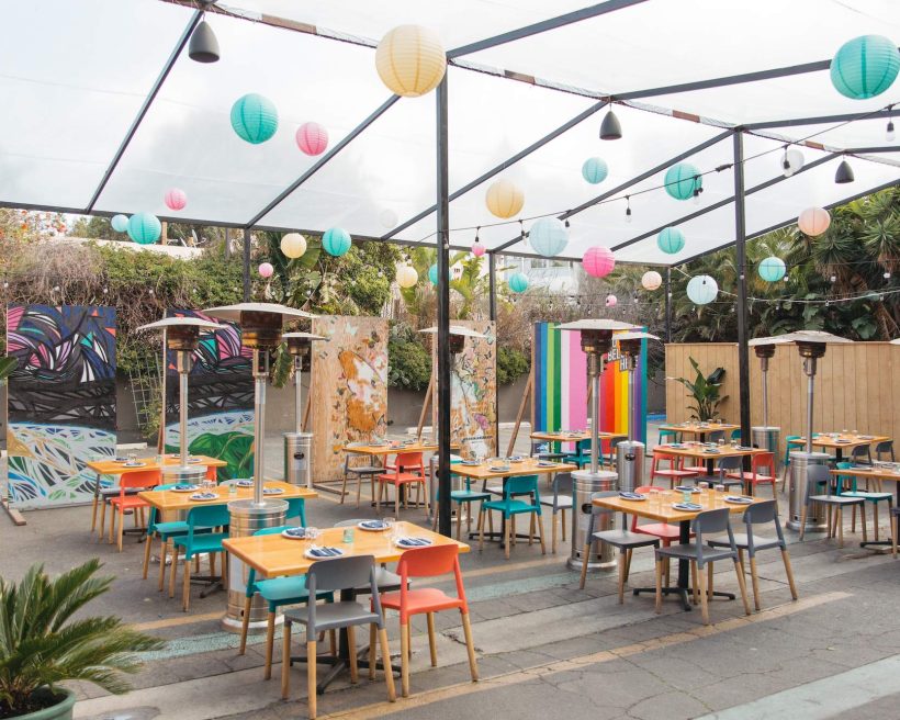 Pastel-colored paper lanterns hang from the patio at Tallula’s in Los Angeles