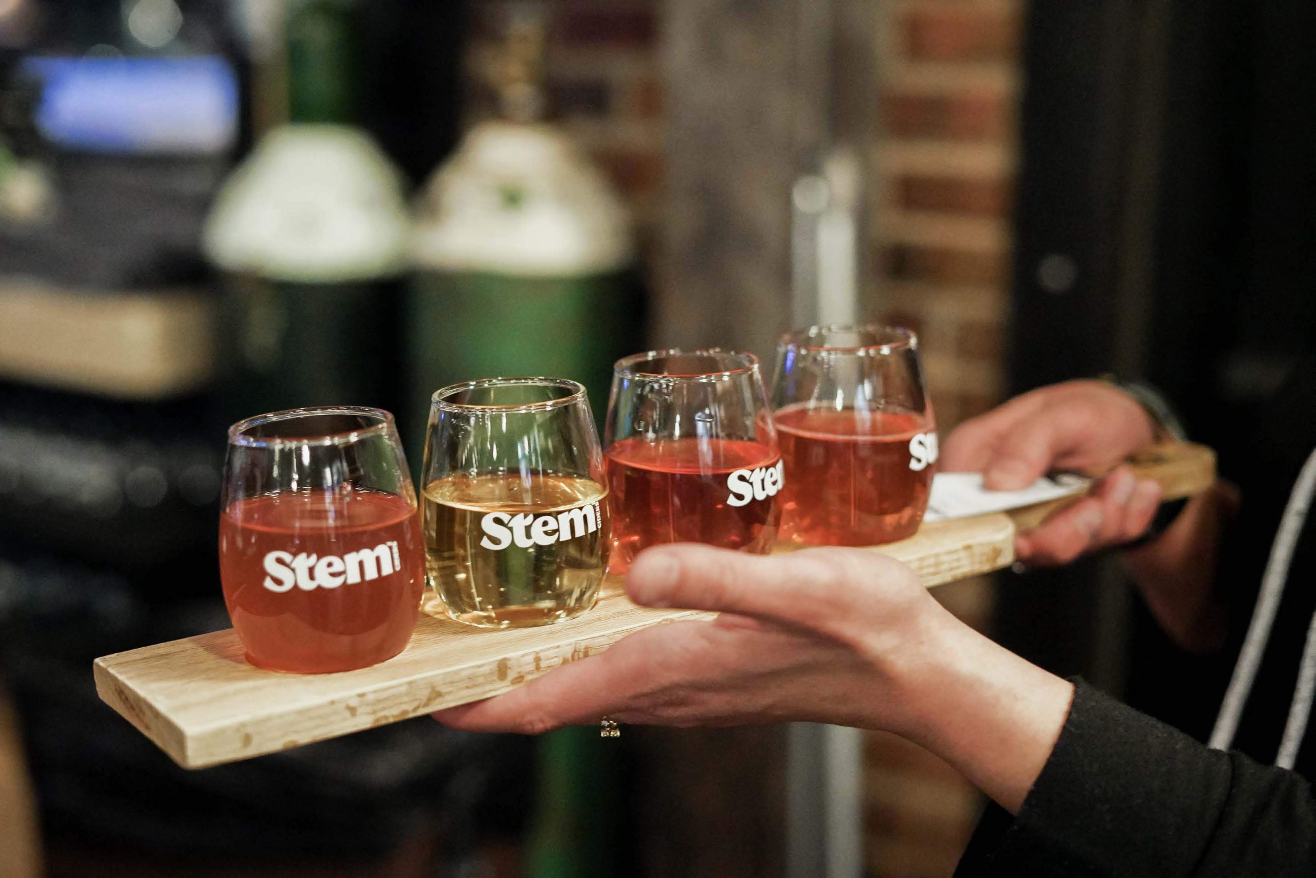 A flight of ciders at Stem Ciders Taproom in Denver