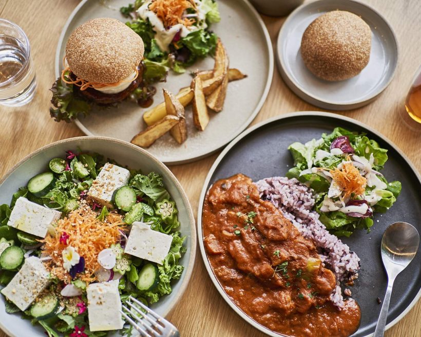 Several different plates of vegan food on a wooden background