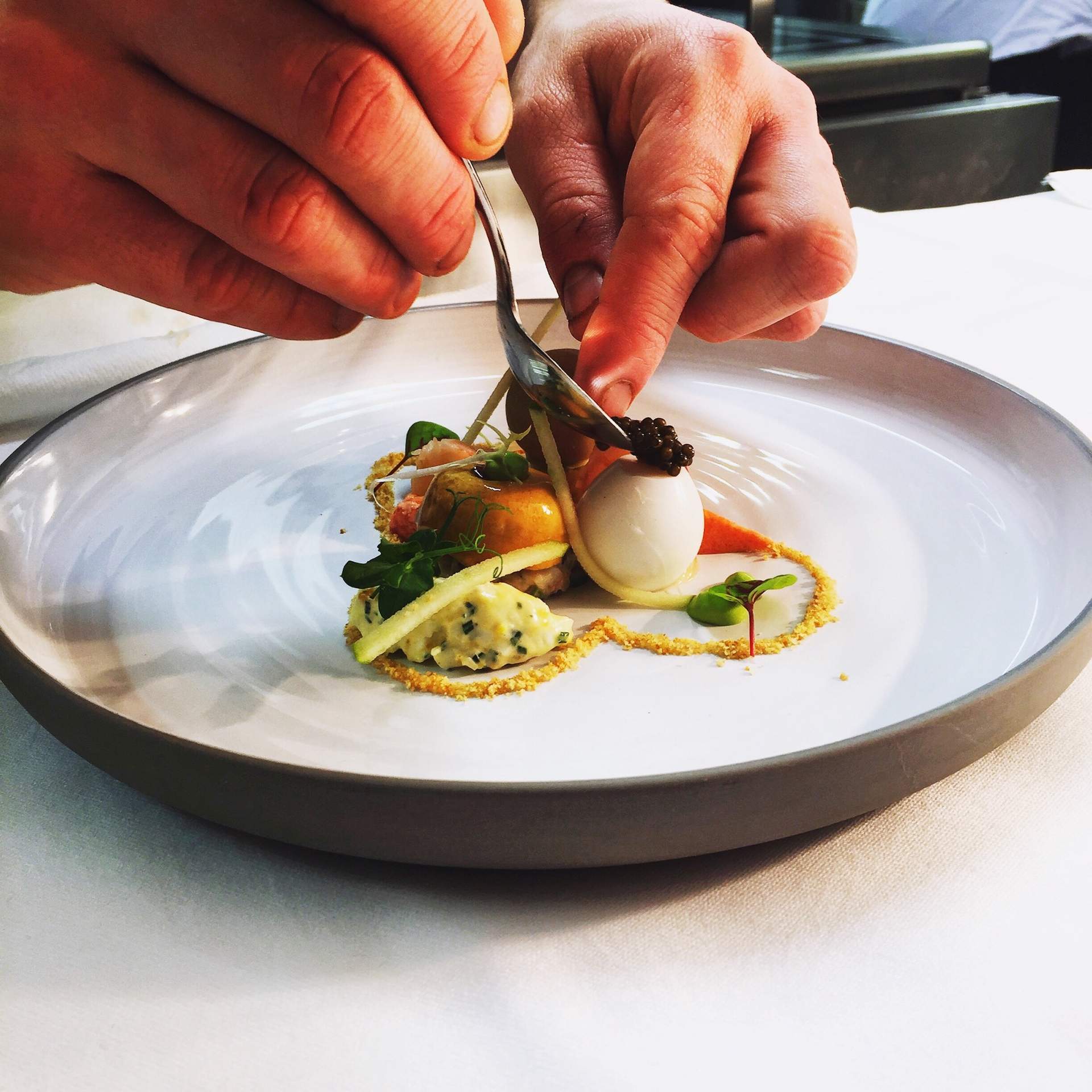 Two hands plating food on a white plate