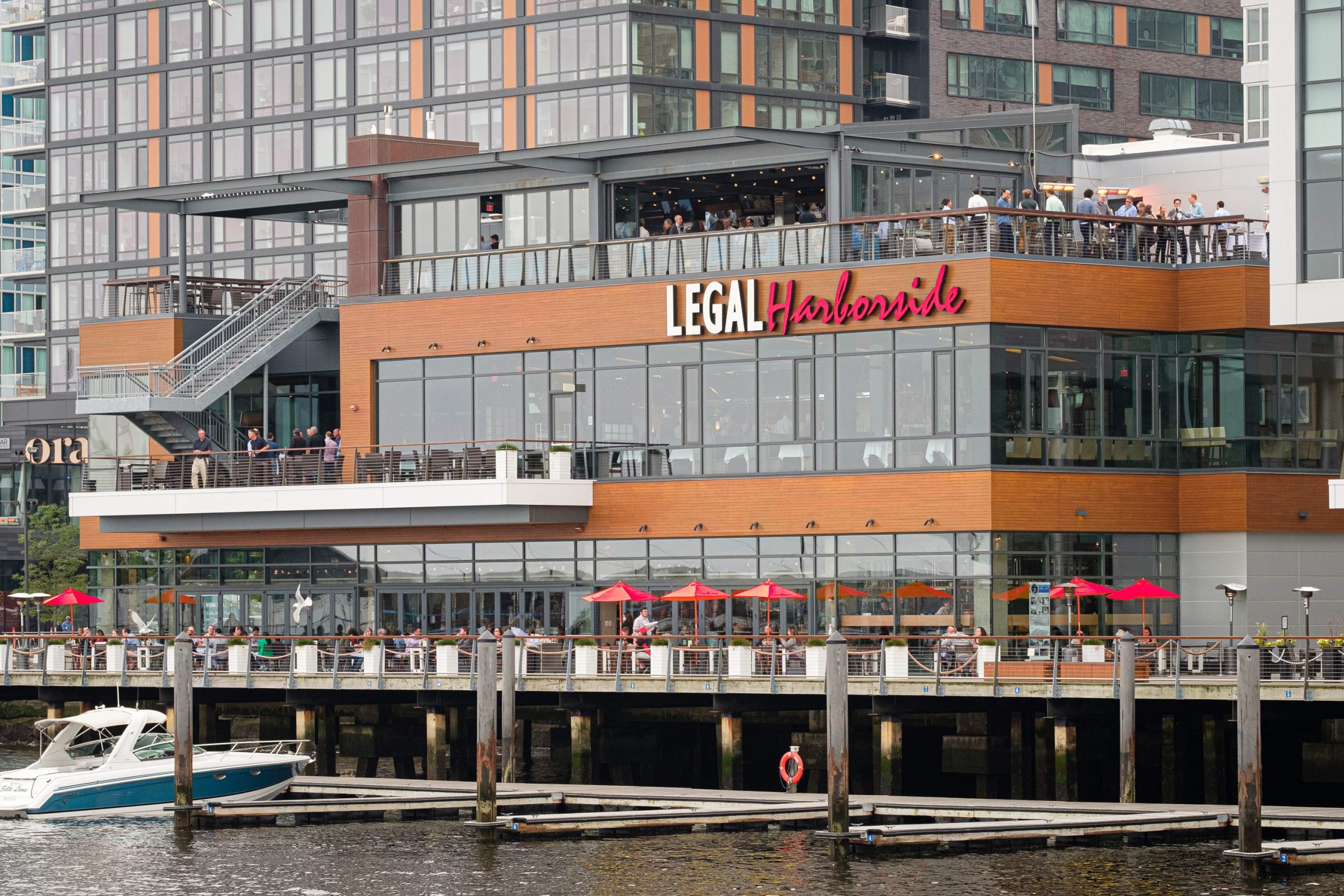 The three-floor flagship Legal Sea Foods location in Boston overlooks Boston Fish Pier.