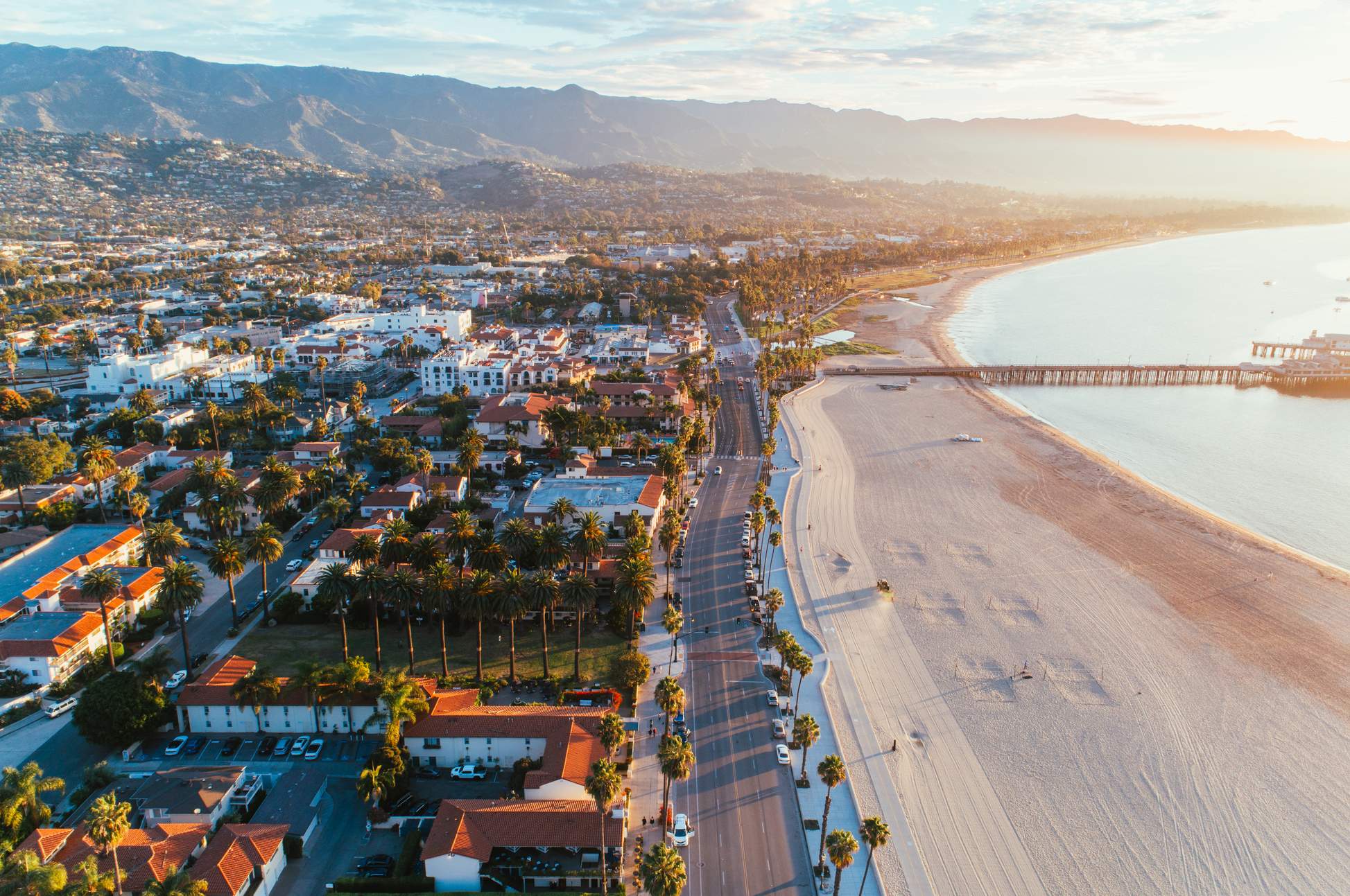 An aerial image of Santa Barbara with shops and houses and the beach