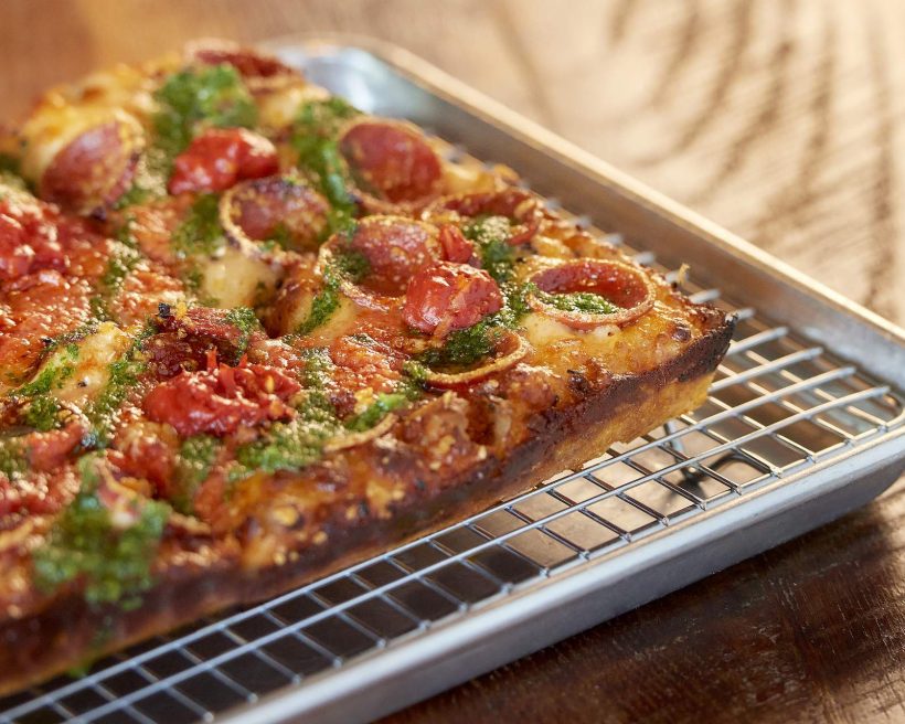 a sectional photo of pizza on a tray