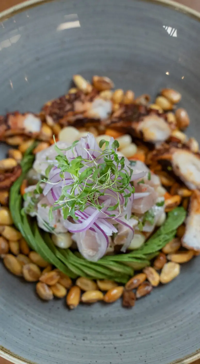 A dish of ceviche at Manta Wynwood restaurant in Miami, with thinly sliced fish, red onion, microgreens, avocado, grilled octopus, and Peruvian corn on a gray plate.