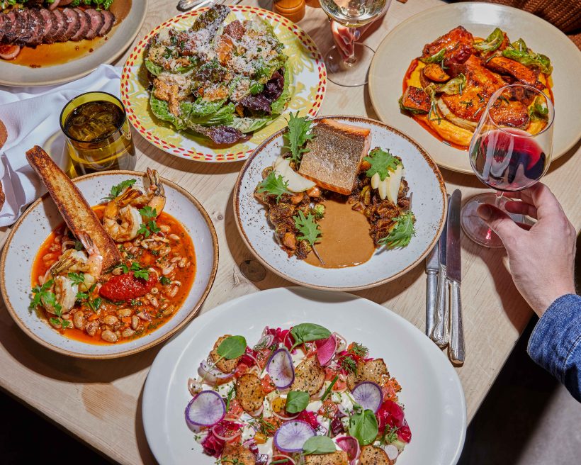 Six locally sourced seasonal dishes and glasses of red and white wine at Talula’s Garden, a restaurant in Philadelphia