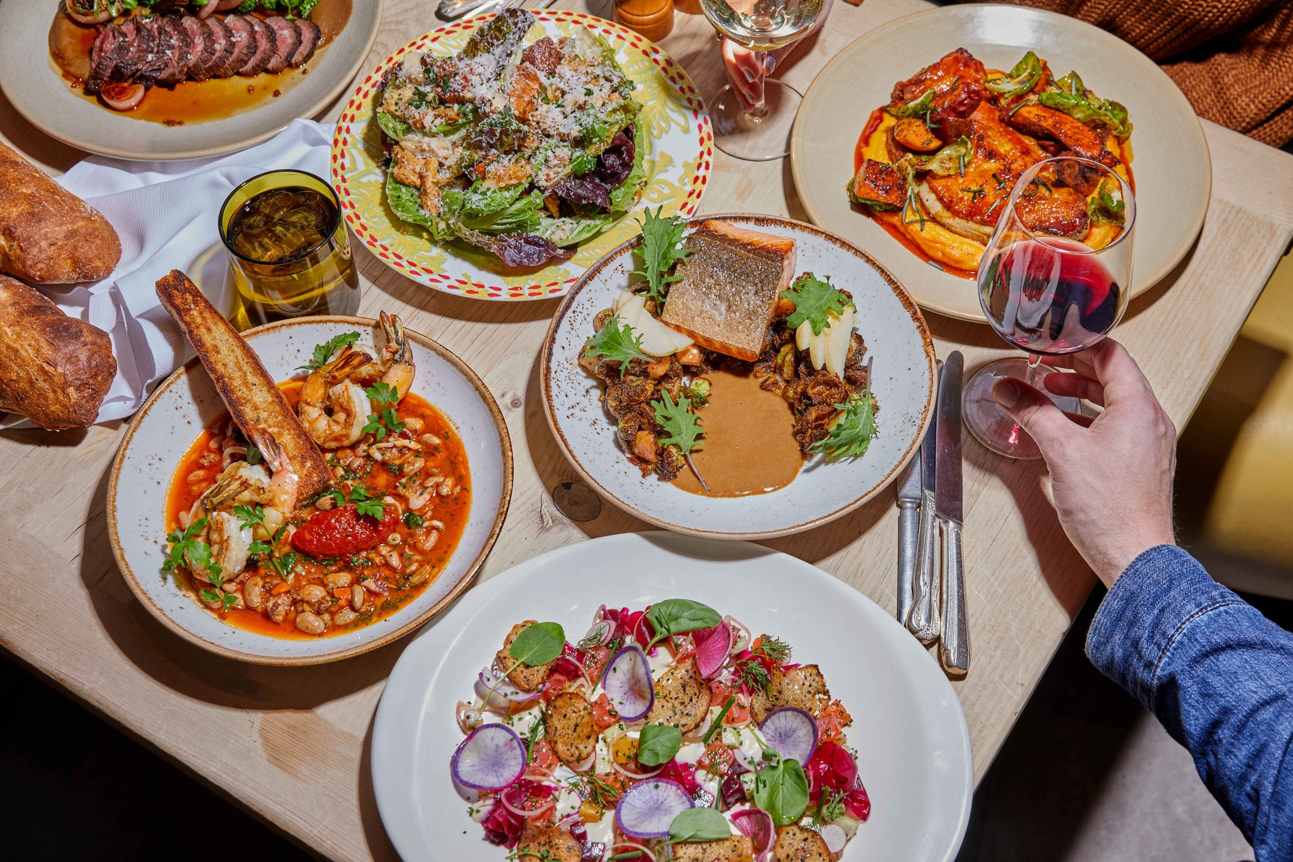 Six locally sourced seasonal dishes and glasses of red and white wine at Talula’s Garden, a restaurant in Philadelphia