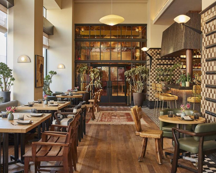 The mid century modern interiors of the Caldo Verde restaurant at the Proper Hotel in Los Angeles