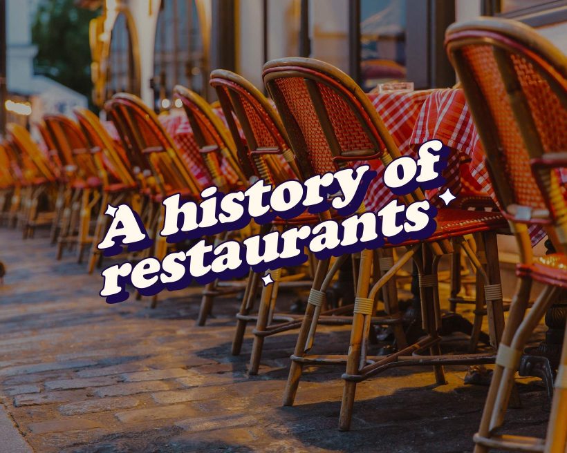 A designed photo template with the words a history of restaurants in white font in the middle and red chairs in the background