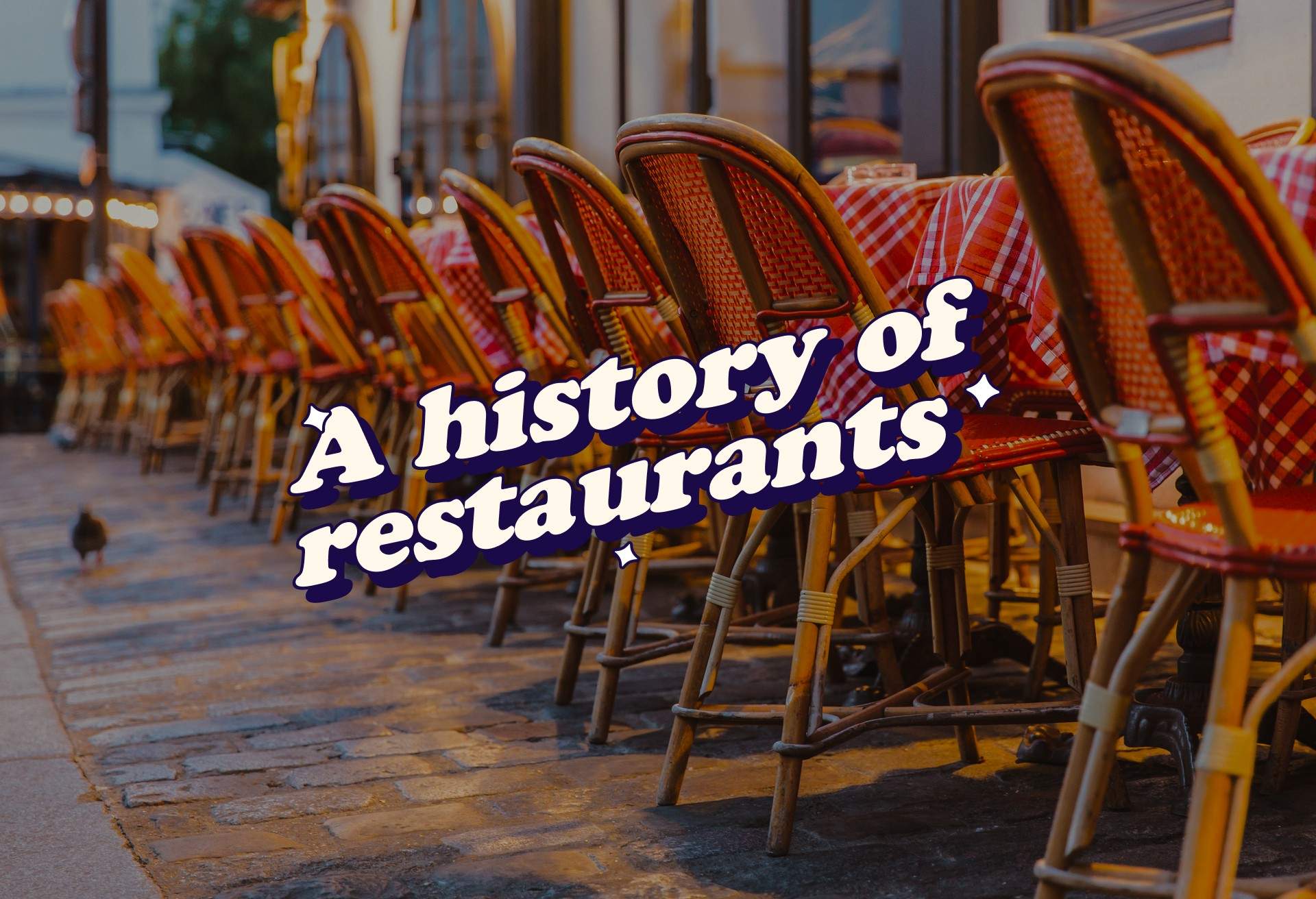 A designed photo template with the words a history of restaurants in white font in the middle and red chairs in the background