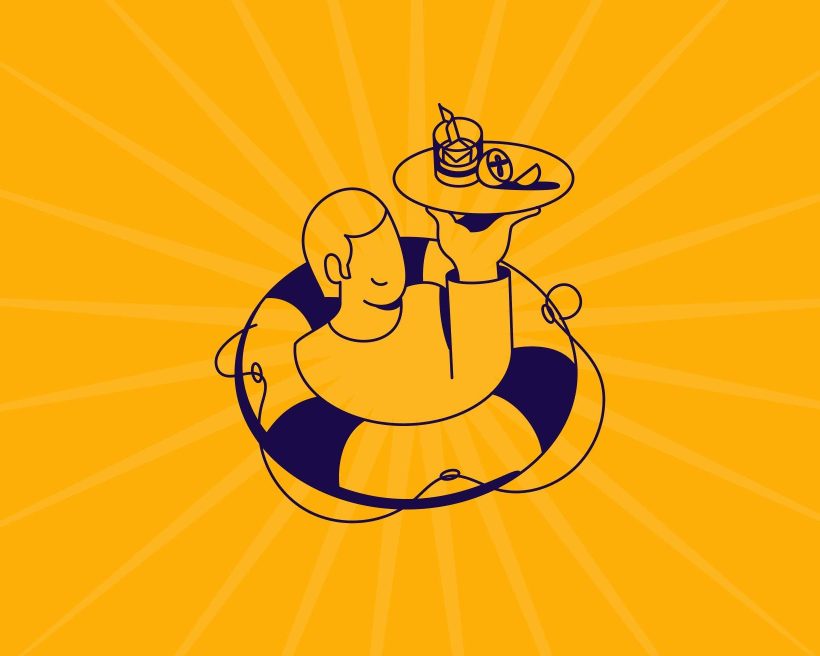 A black and white illustration against an orange background that shows a man in a floating device holding up a tray with food