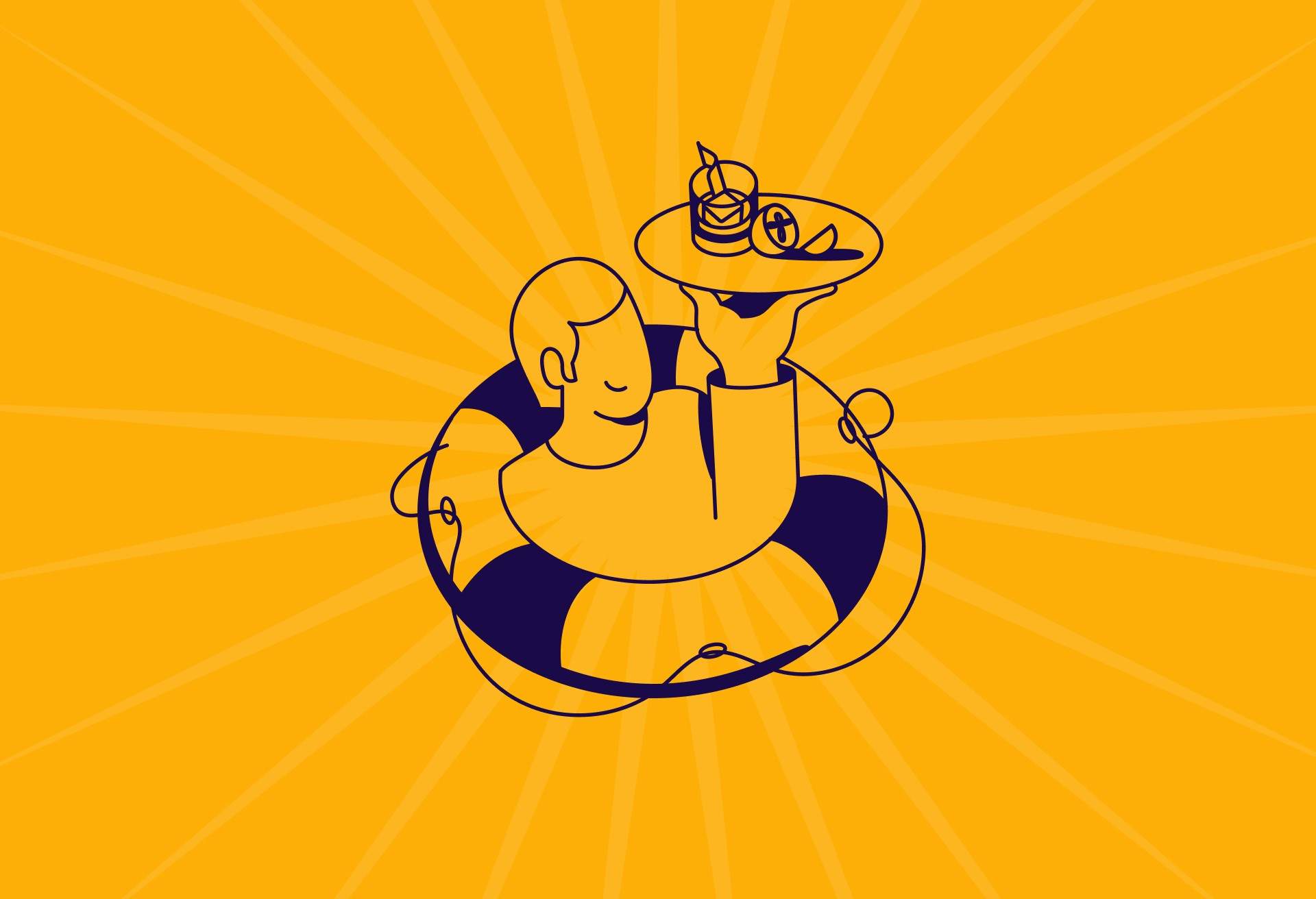 A black and white illustration against an orange background that shows a man in a floating device holding up a tray with food