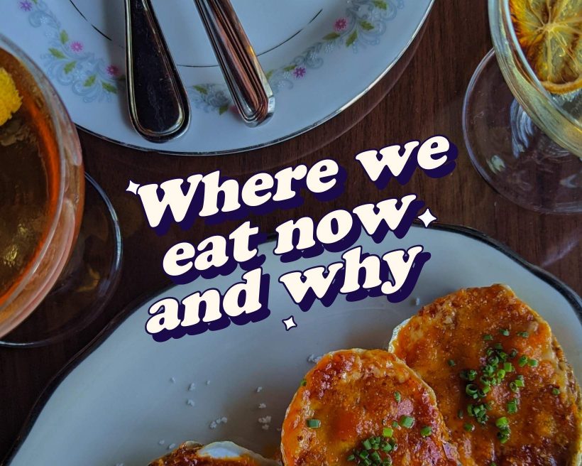 a designed template for the vibe shift content series with the words where we eat now and why seen in the front of the copy.