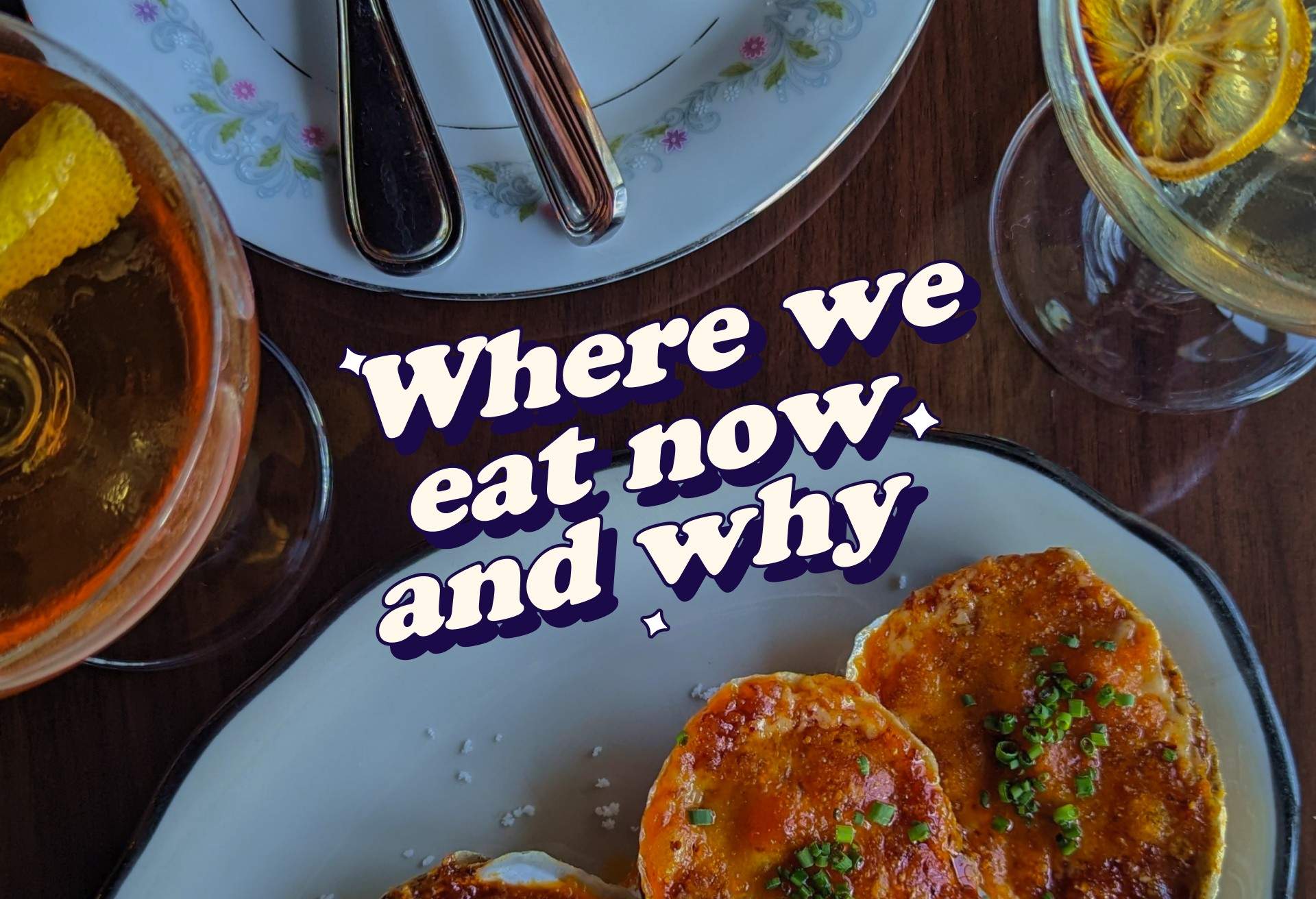 a designed template for the vibe shift content series with the words where we eat now and why seen in the front of the copy.