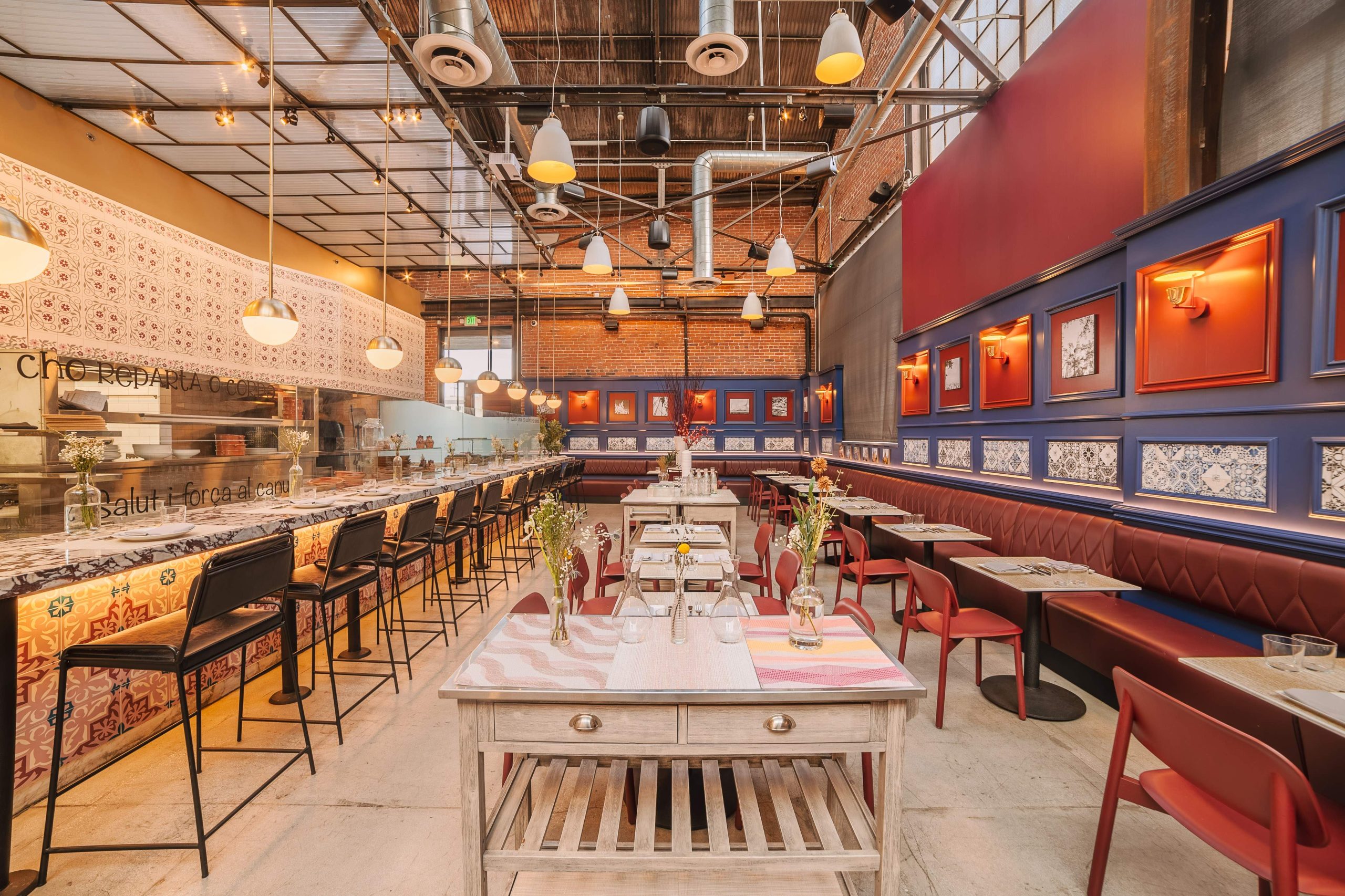 Colorful tiles inspired by Barcelona’s signature hydraulic mosaics line Flor y Solera in Los Angeles.