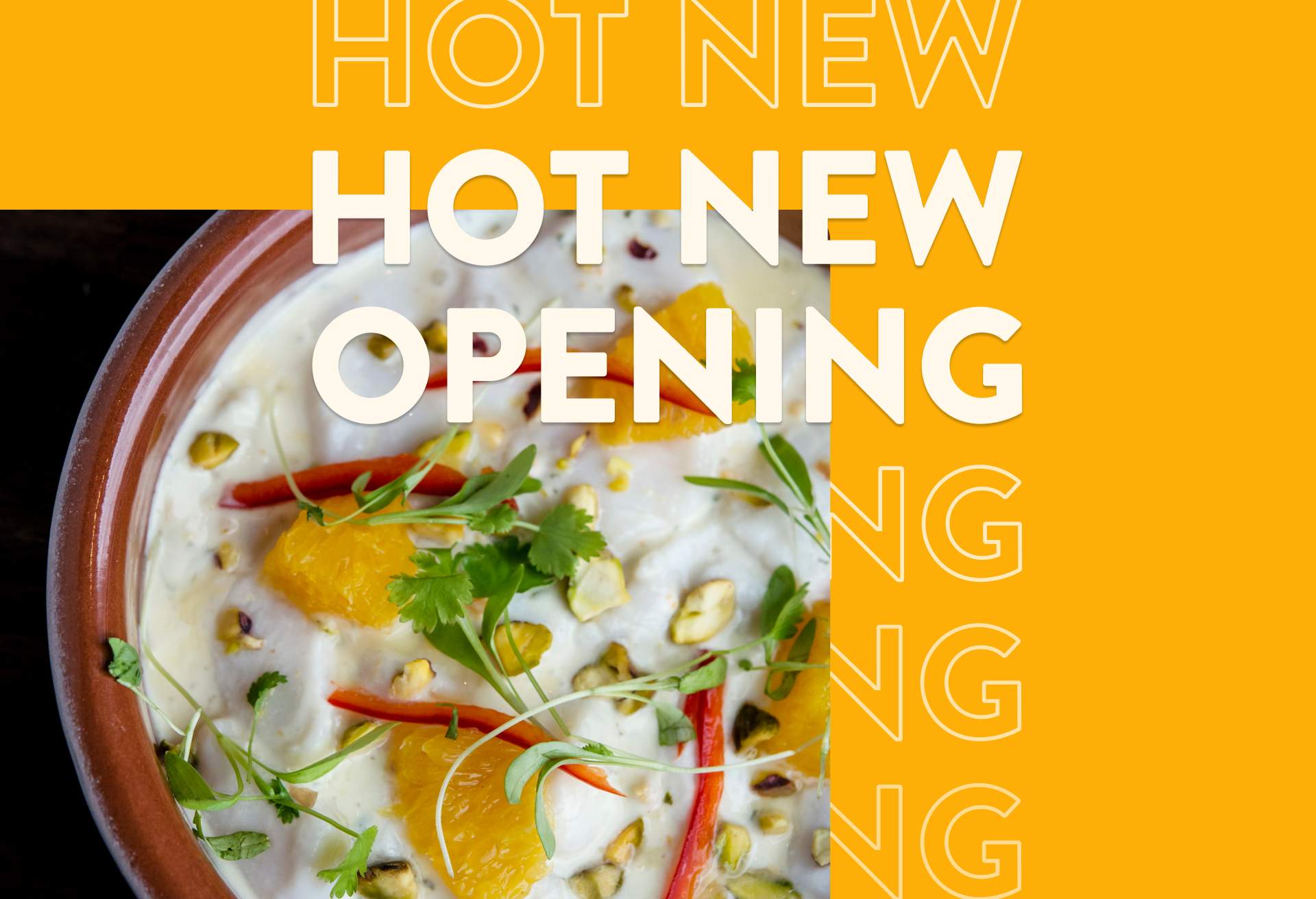 An image of a soup with a yellow border around it that says hot new opening. The dish is from the Boston restaurant Pescador.