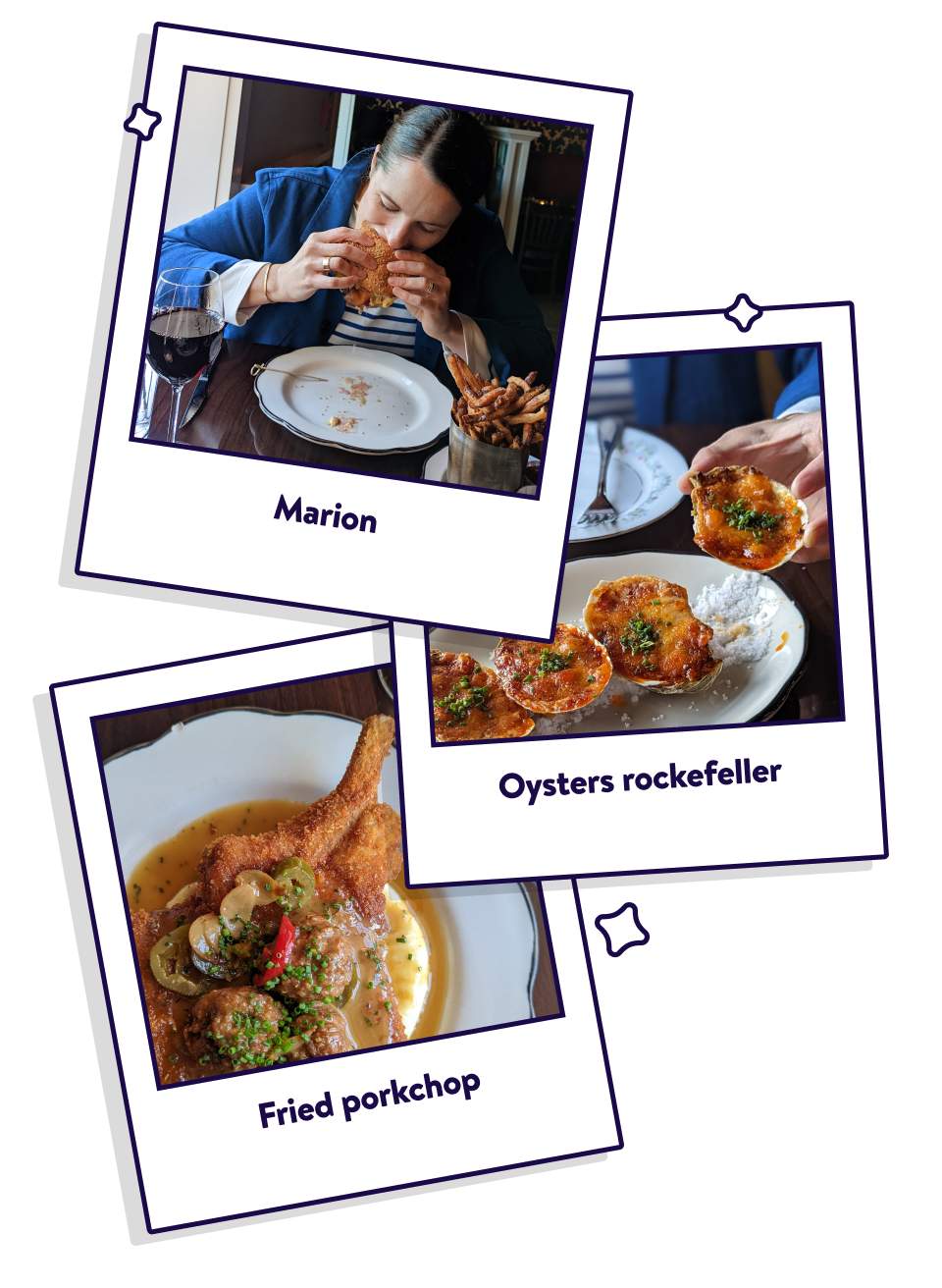 A composite image of three polaroid-style photos with a woman eating food up top and two images of food below.