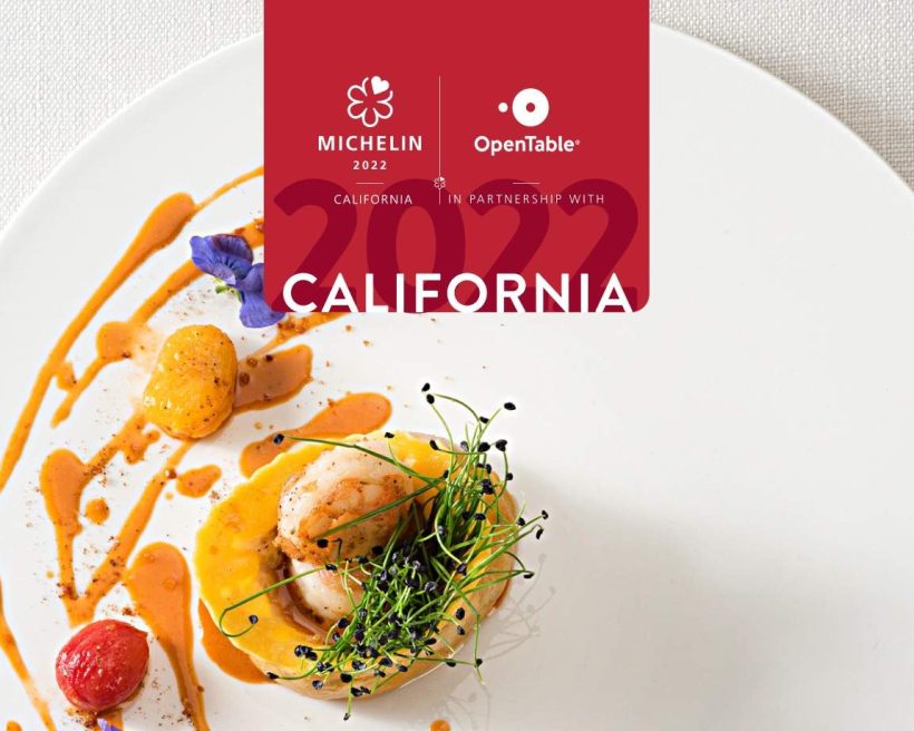 Browning food plated on a white plate with the Michelin california logo on top