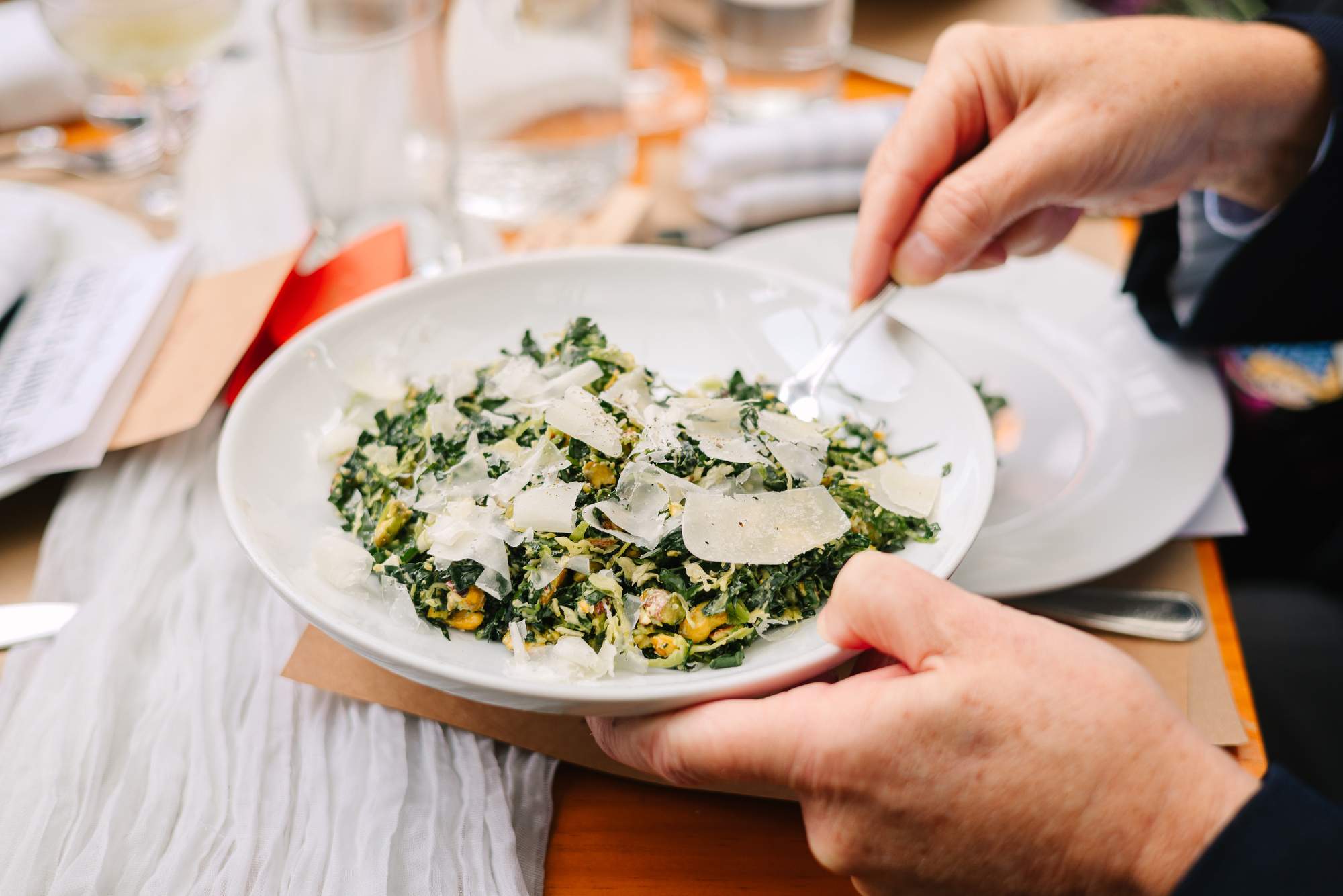 Tuscan kale salad with Brussels sprouts, pistachio, lemon oil, and pecorino oro at Aurora - Williamsburg