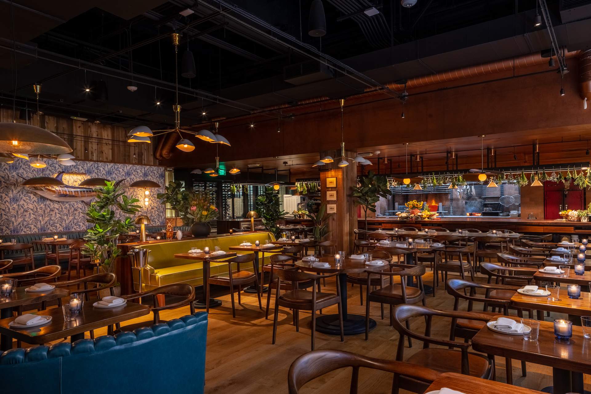 The interiors of the Los Angeles restaurant Angler which features lots of dark wood touches