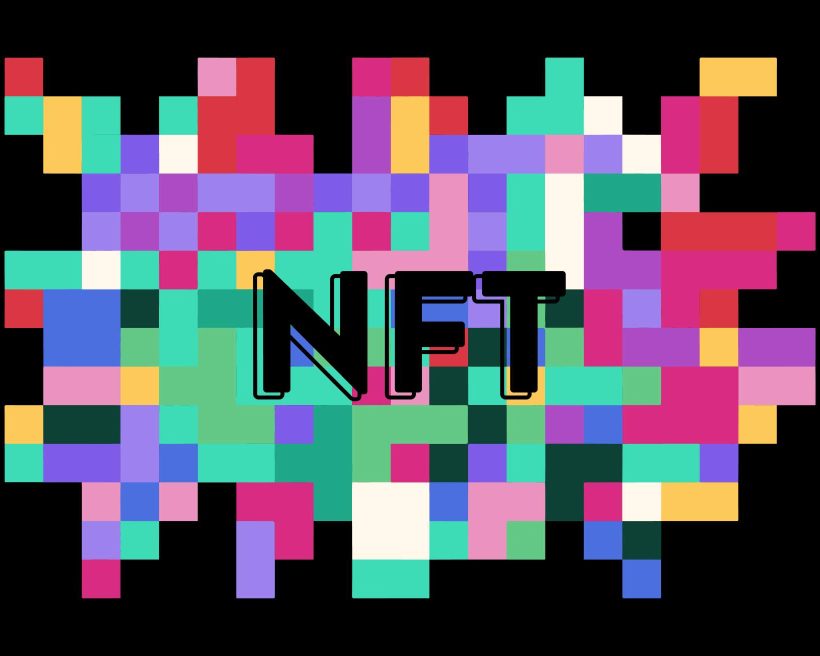 The letters NFT sit on a multi-colored, pixelated background.