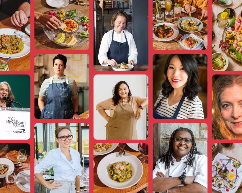 A collage of chefs including Beverly Kim, Evelyn Garcia, Melissa Perello, Star Maye, Kathy Fang, Iliana de la Vega, and Bonnie Morales