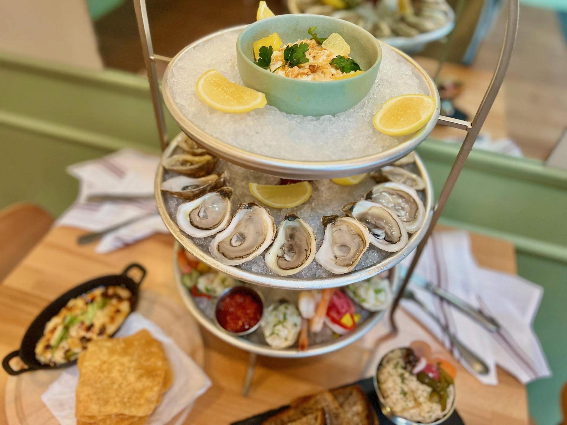A seafood tower at Boston oyster restaurant Puritan Oyster Bar