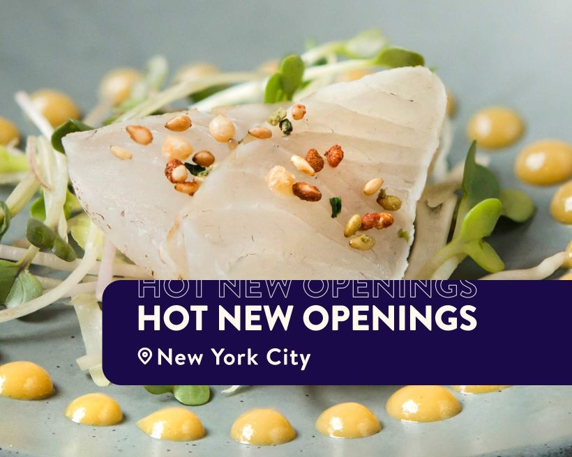 A piece of sushi surrounded by yellow dots at NYC restaurant Ueki