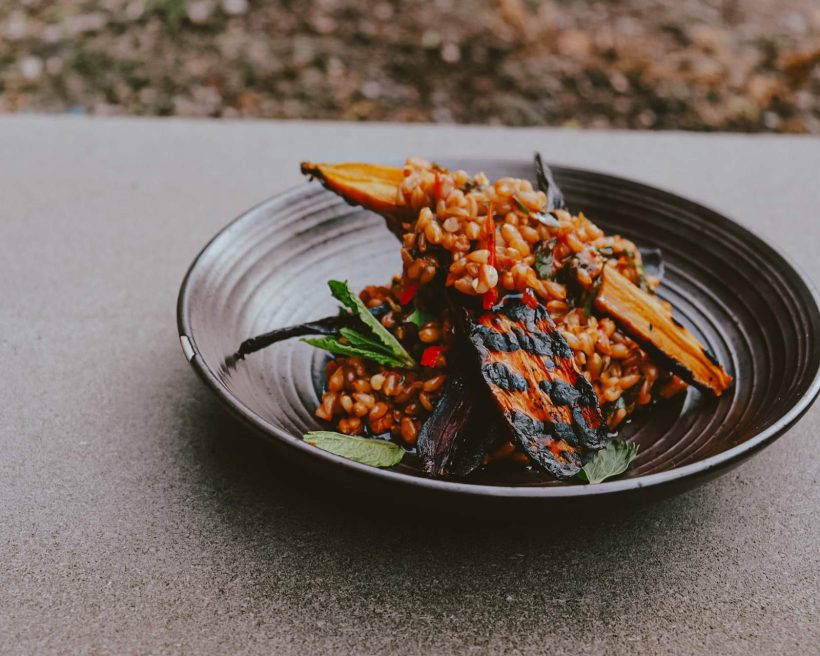 A plate of sliced and grilled eggplants at Cambridge restaurant Forage