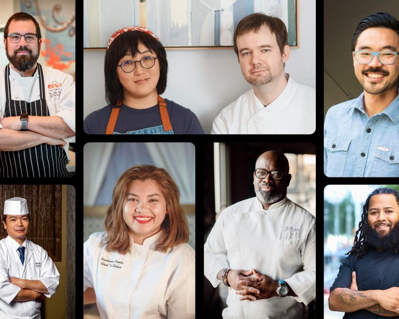 A group of James Beard Award nominated chefs in a photo collage.