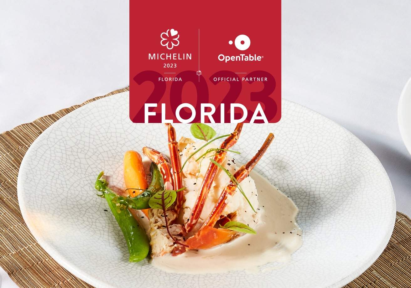 A logo for the MICHELIN bib gourmand restaurants in Florida featuring a red design on top and a plate with crab on it