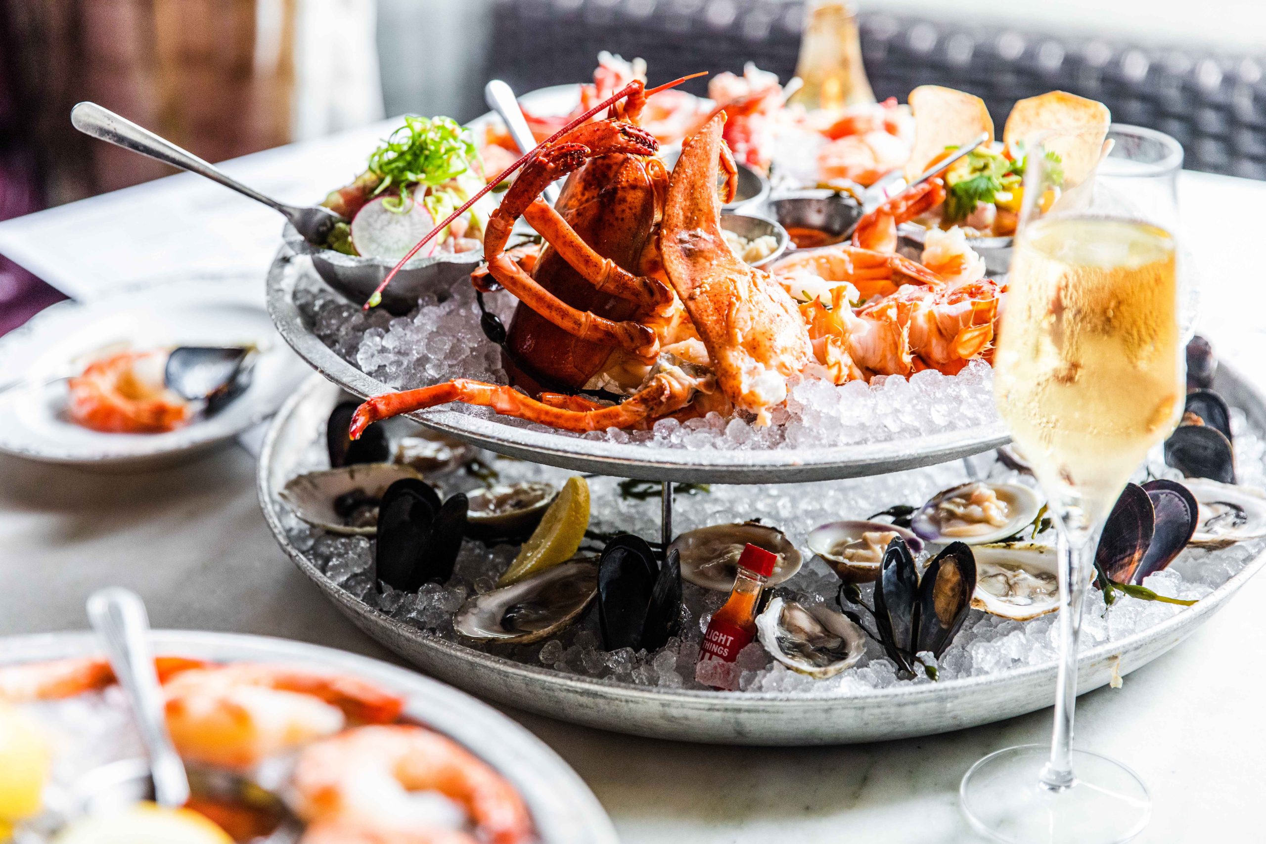 A shellfish tower with Alaskan king crab and mussels at Loch Bar in Philadelphia