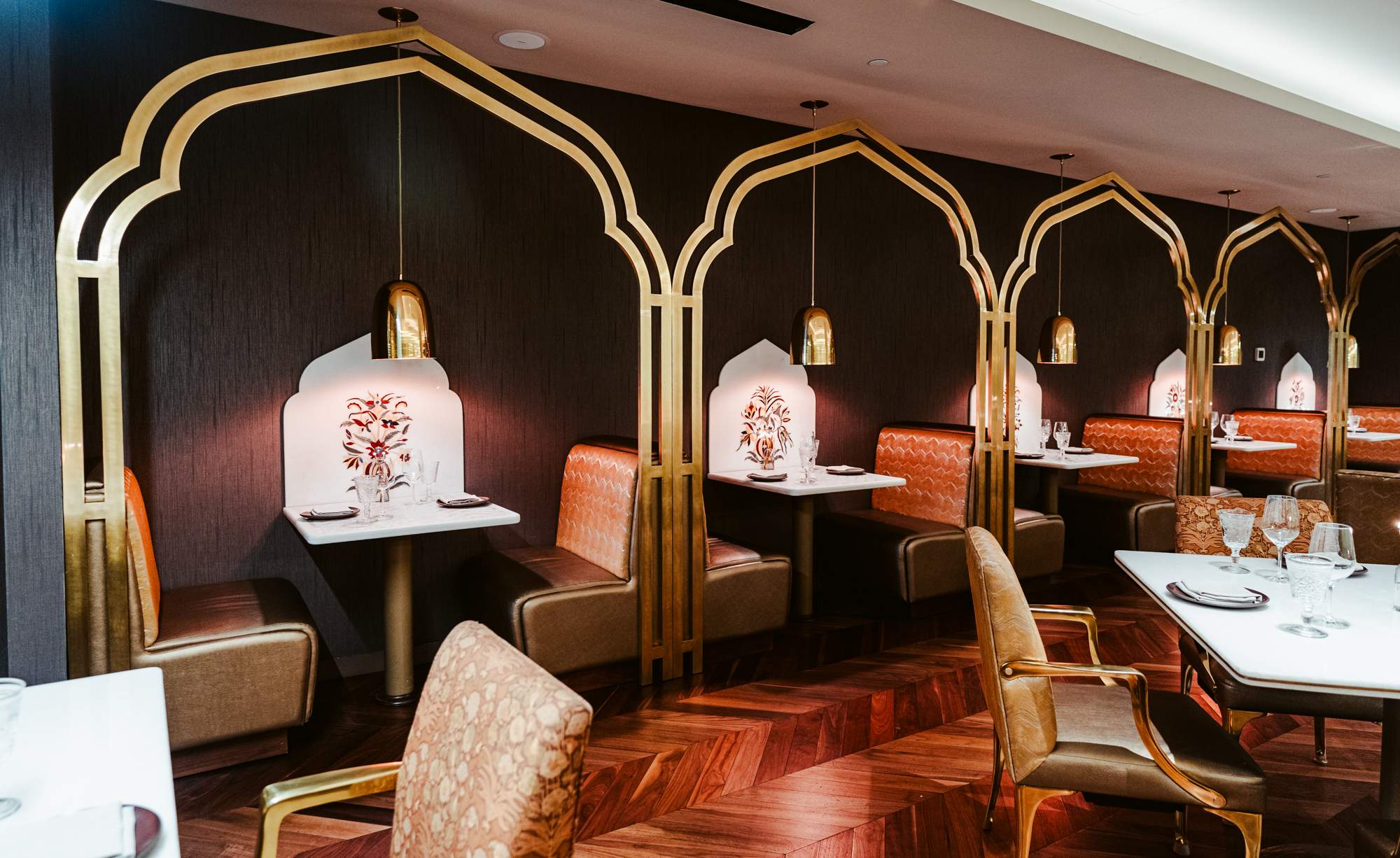 Gold accents and mother-of-pearl inlay make up the palace-like interiors at Rania in Washington, DC