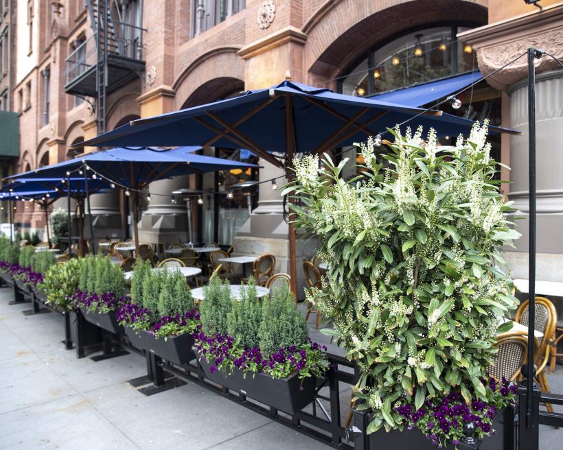The outdoor dining structure of a restaurant in NYC with plants and blue umbrellas.