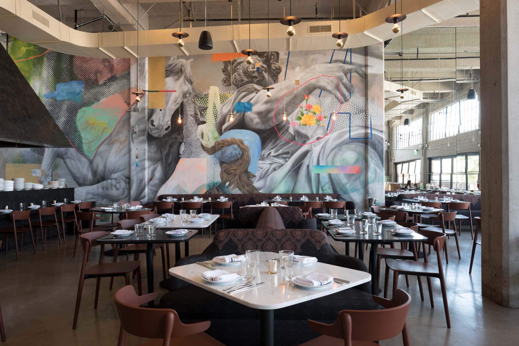 Rossoblu in Los Angeles' dining room is framed by a giant mural.