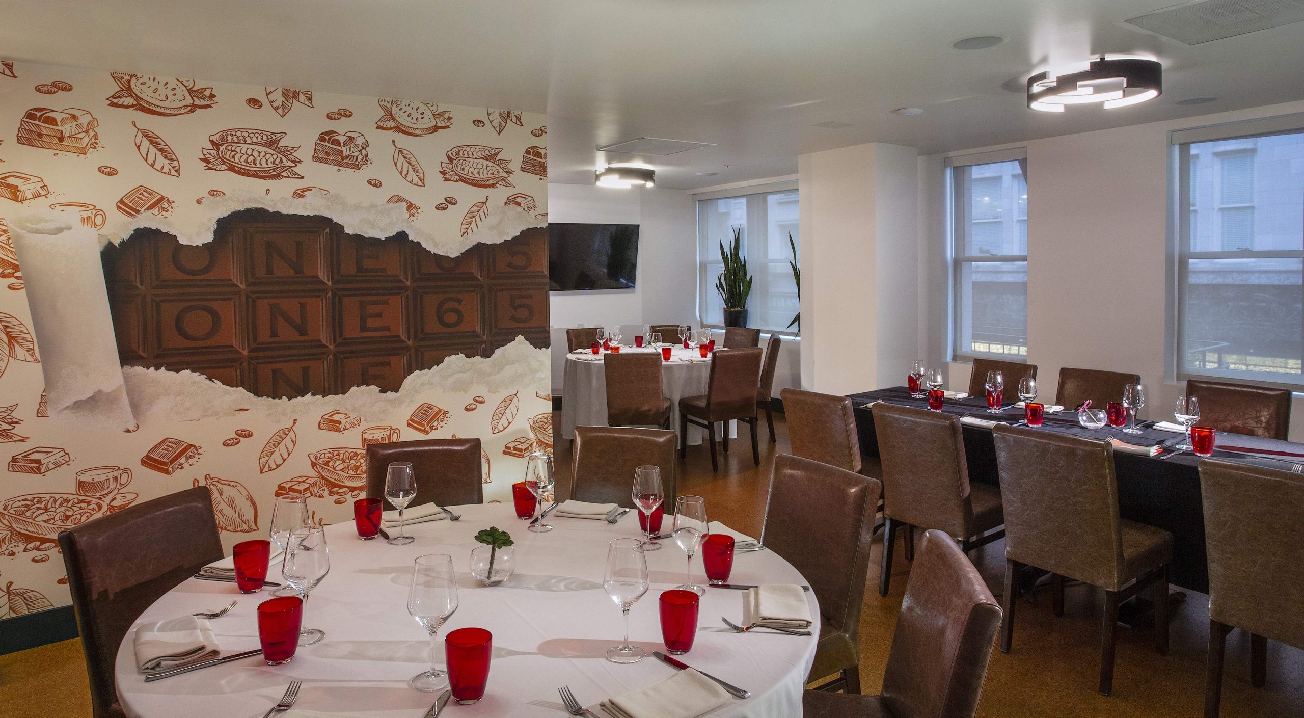 Chocolate-bar inspired wallpaper and leather chairs in The Chocolate Room in San Francisco