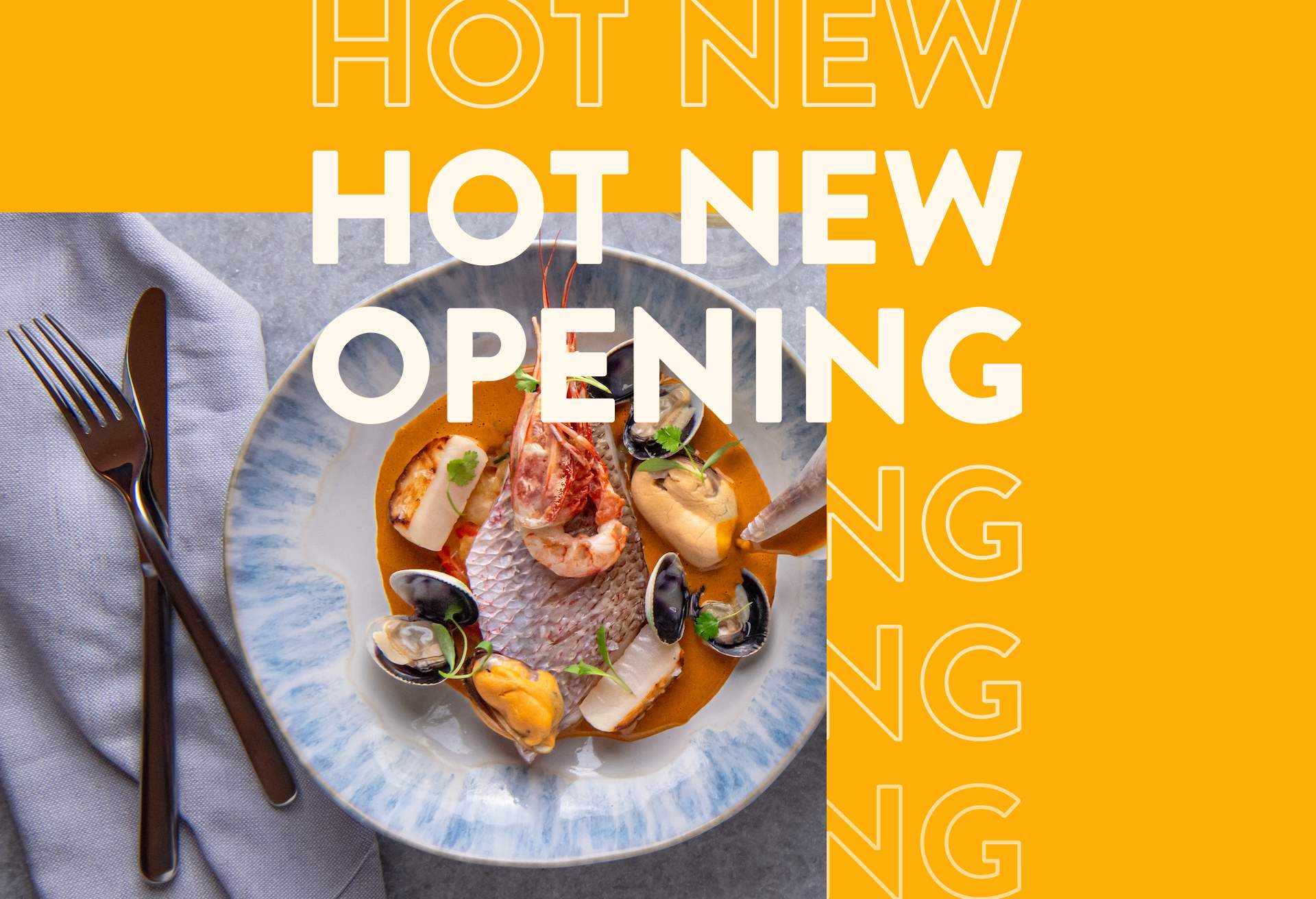 A hand shown pouring an orange sauce from a conch shell into a plate of seafood at NYC restaurant Point Seven