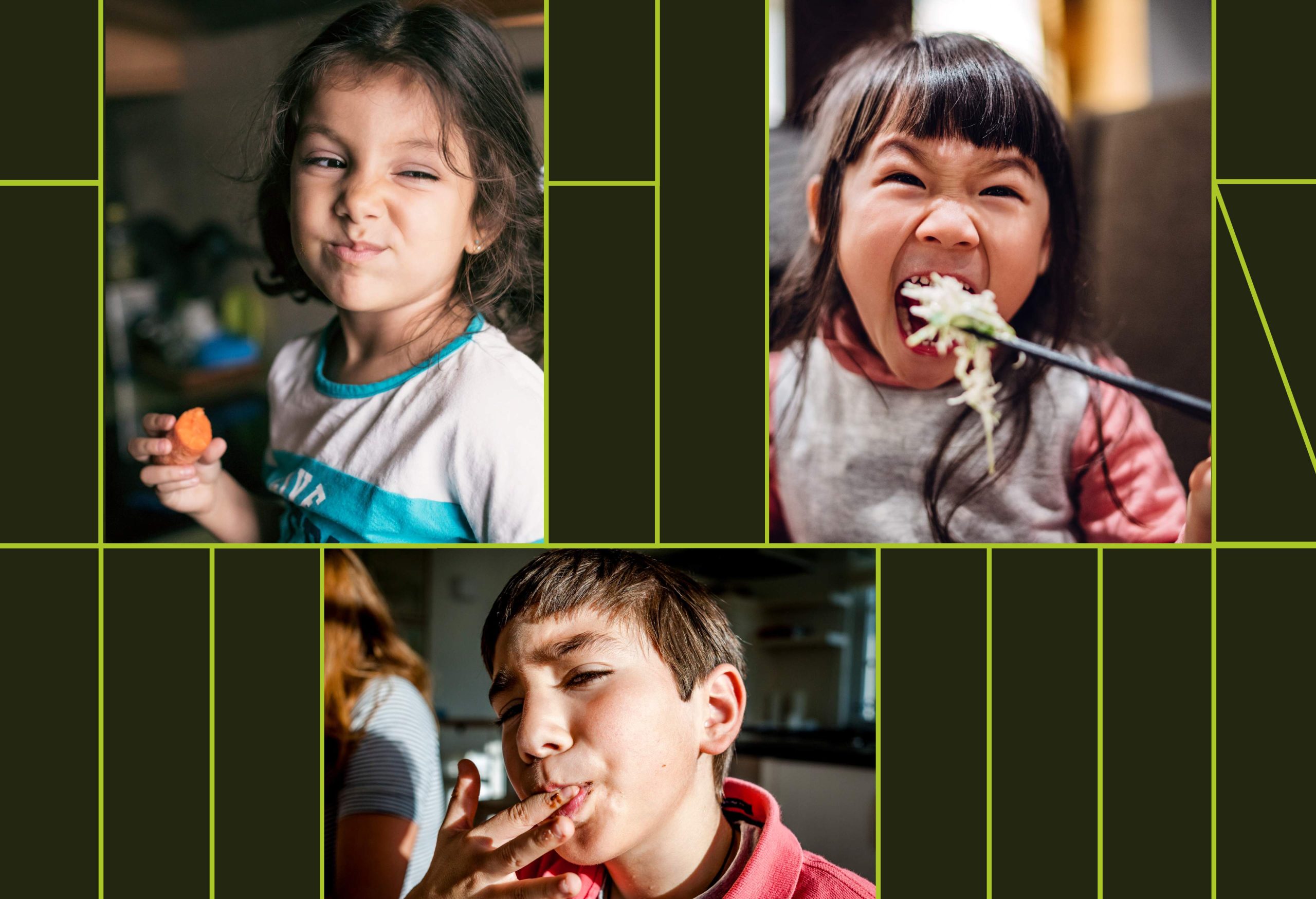 A grid with photos of kids enjoying food