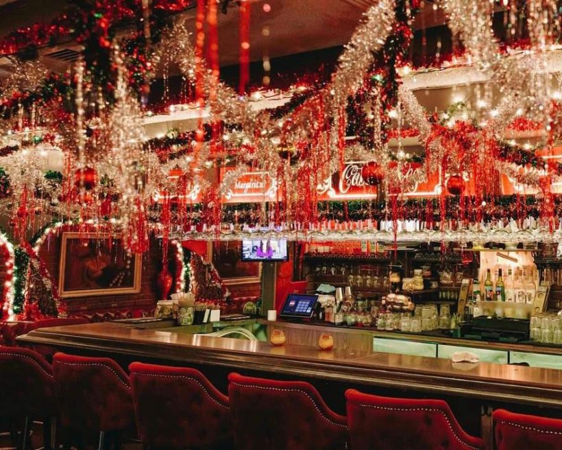 The bar area at Los Angeles restaurant Casa Vega done up with tinsel